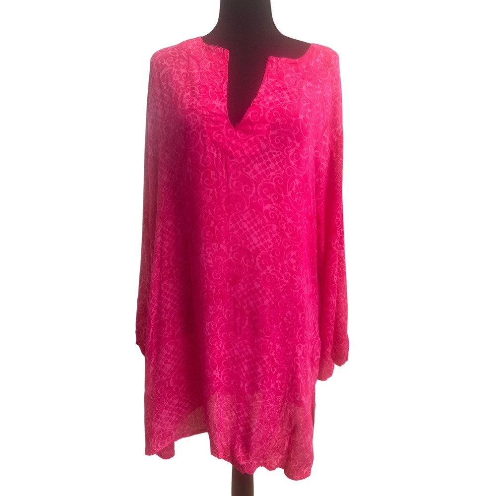 CheetaB Womens XXL Hot Pink Damask Jacquard Split V-Neck Long Sleeve Tunic Top